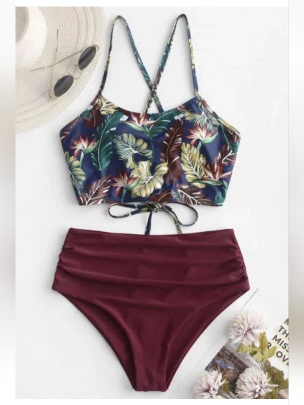 Zaful Navy Tropical Crop Bikini Top with Burgundy High-Waist Bottoms